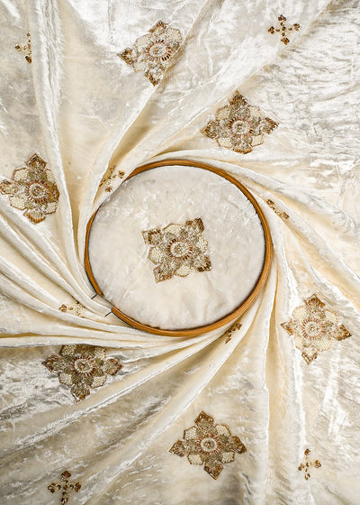 White Dyeable Velvet Fabric With All Over Zari, Sequins And Katdana Work 25809