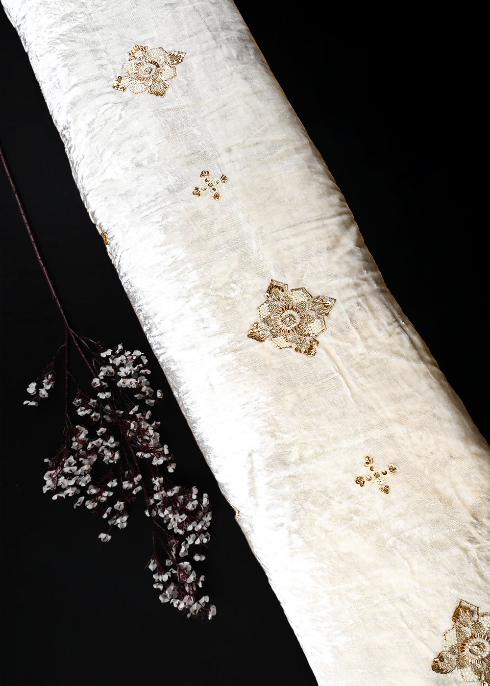 White Dyeable Velvet Fabric With All Over Zari, Sequins And Katdana Work 25809