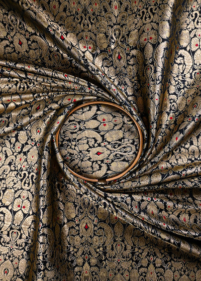 Black Banarasi Brocade Fabric With All Over Thread And Zari Handloom 25826