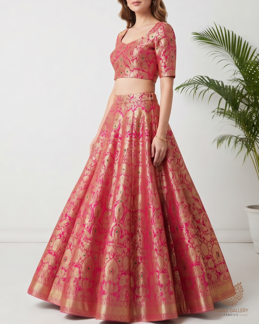 Rani Pink Banarasi Brocade Fabric With All Over Thread And Zari Handloom 25827