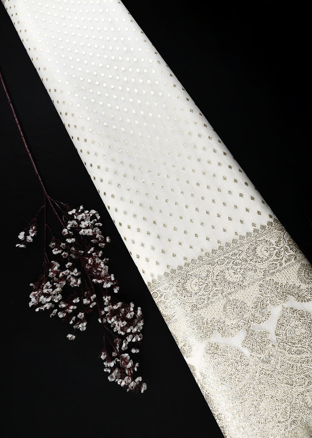 White Dyeable Chanderi Fabric With All Over Zari Handloom With One Side Border 25837
