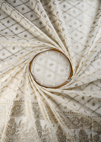 White Dyeable Chanderi Fabric With All Over Zari Handloom With One Side Border 25838