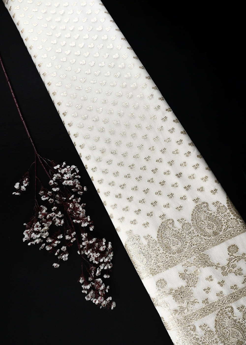 White Dyeable Chanderi Fabric With All Over Zari Handloom With One Side Border 25839