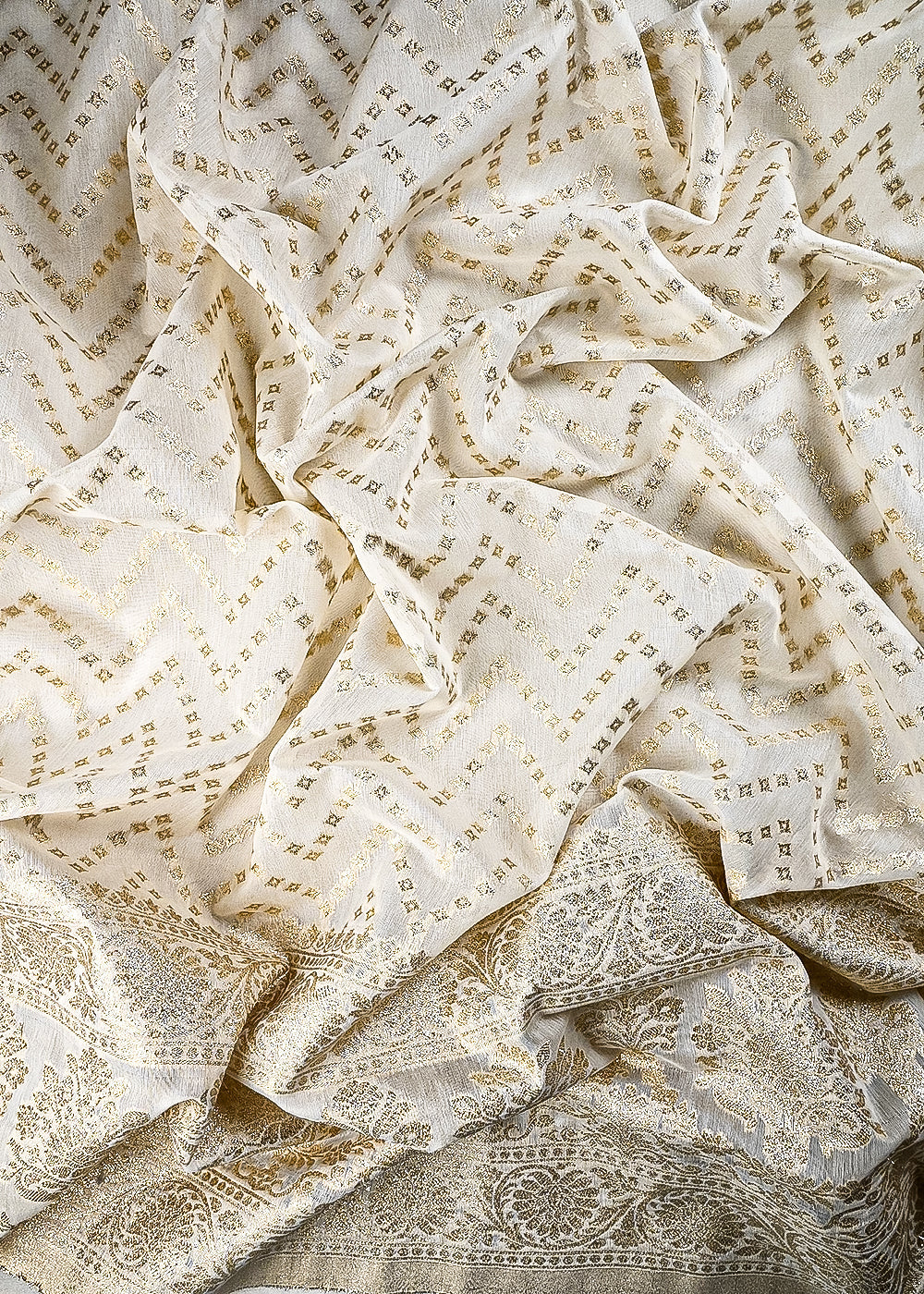 White Dyeable Chanderi Fabric With All Over Zari Handloom With One Side Border 25842