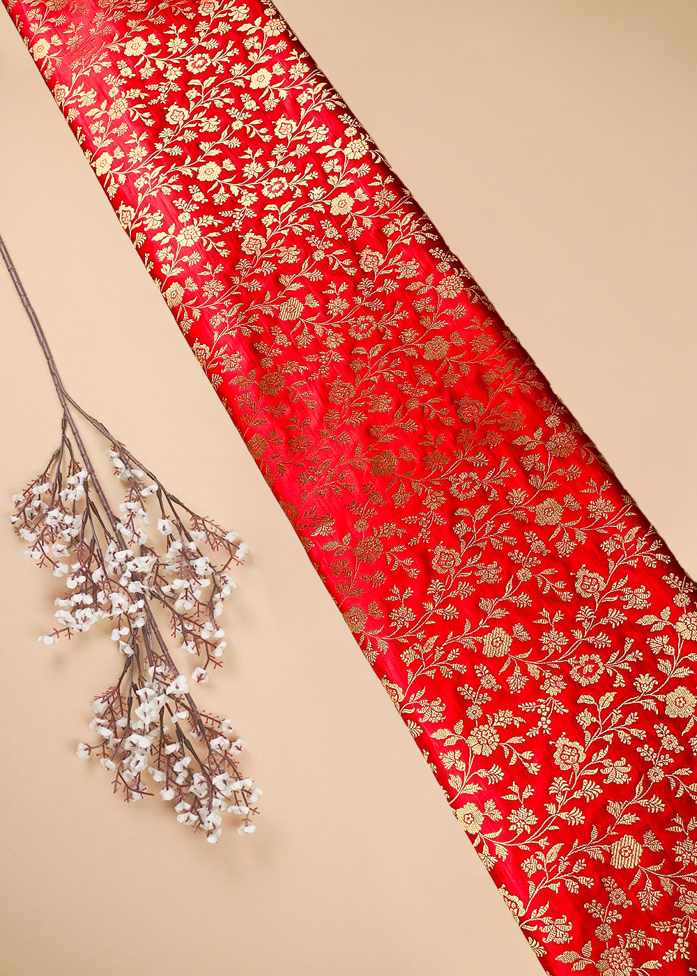Red Banarasi Brocade Fabric With All Over Zari Handloom 25849
