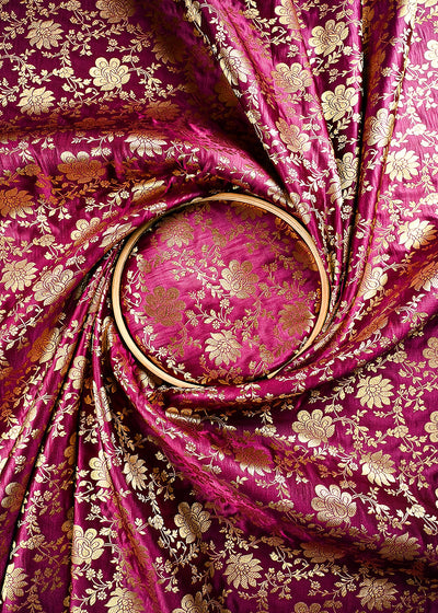 Wine Banarasi Brocade Fabric With All Over Zari Handloom 25854