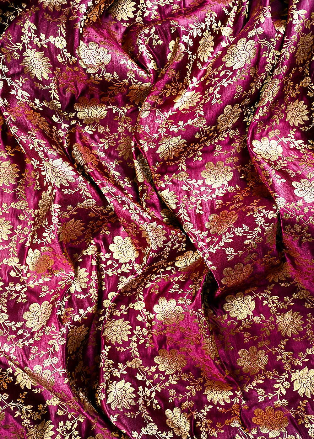 Wine Banarasi Brocade Fabric With All Over Zari Handloom 25854