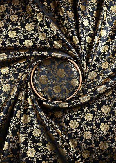 Black Banarasi Brocade Fabric With All Over Zari Handloom 25856