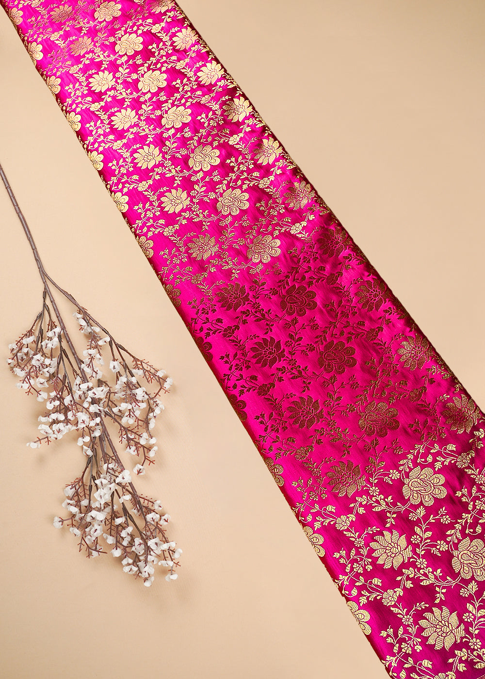 Rani Pink Banarasi Brocade Fabric With All Over Zari Handloom 25858