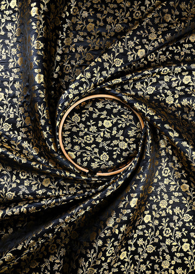 Black Banarasi Brocade Fabric With All Over Zari Handloom 25859