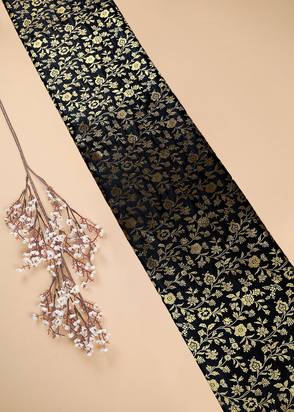 Black Banarasi Brocade Fabric With All Over Zari Handloom 25859