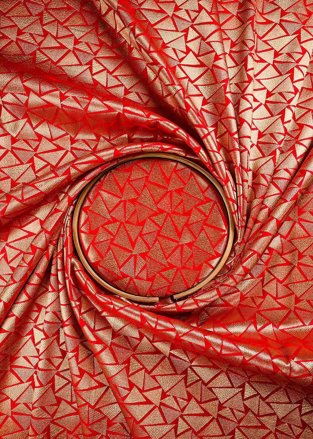 Red Banarasi Brocade Fabric With All Over Thread And Zari Handloom 25862