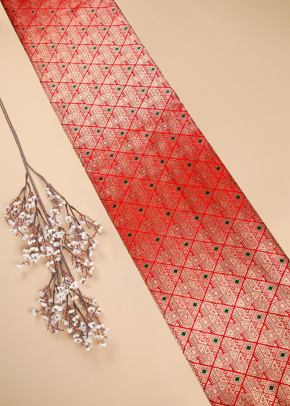 Red Banarasi Brocade Fabric With All Over Thread And Zari Handloom 25870