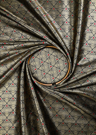 Black Banarasi Brocade Fabric With All Over Thread And Zari Handloom 25874