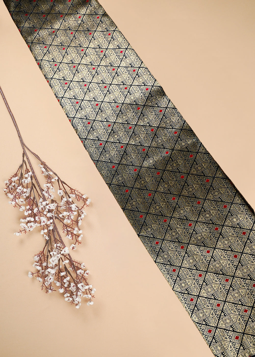 Black Banarasi Brocade Fabric With All Over Thread And Zari Handloom 25874