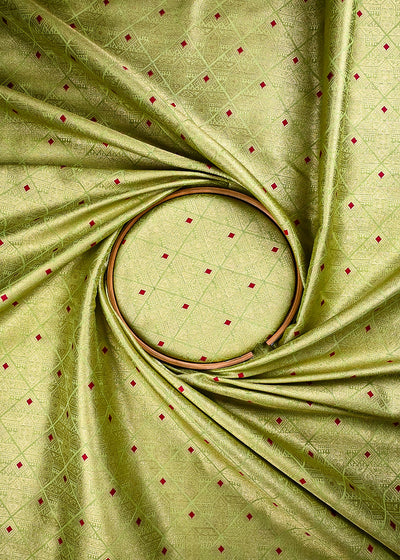 Pista Green Banarasi Brocade Fabric With All Over Thread And Zari Handloom 25876