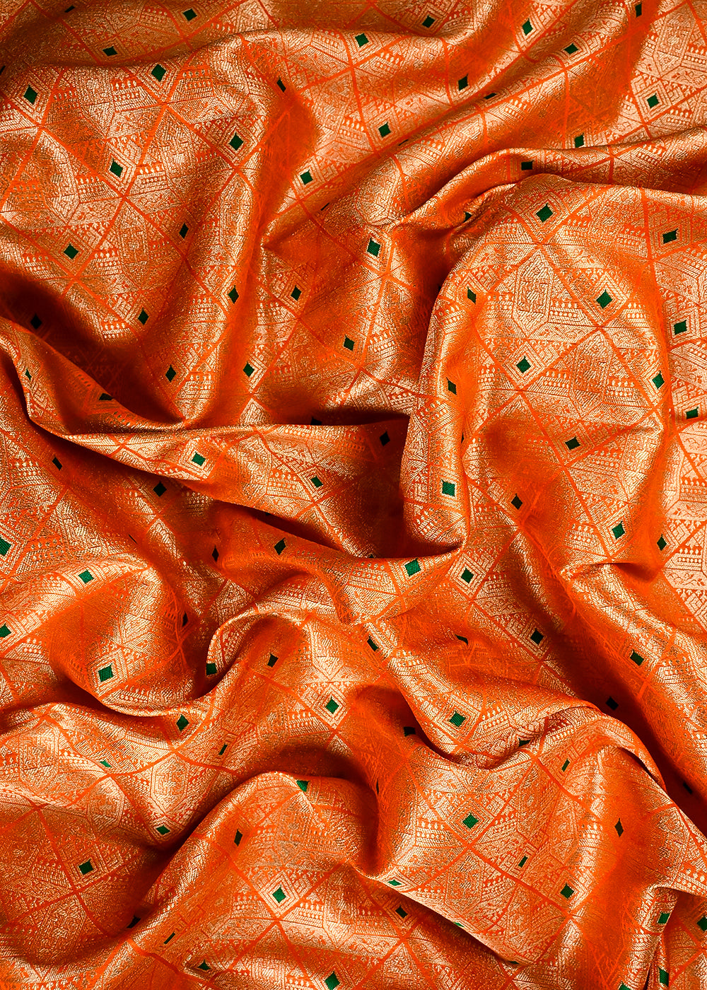 Orange Banarasi Brocade Fabric With All Over Thread And Zari Handloom 25877