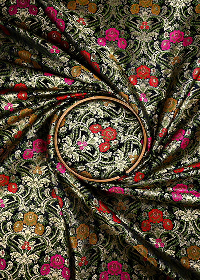 Black Pure Banarasi Brocade Fabric With All Over Thread And Zari Handloom 25878