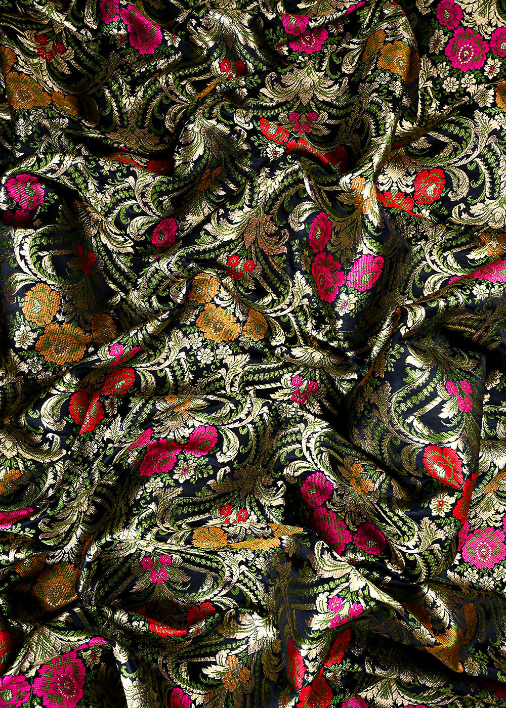 Black Pure Banarasi Brocade Fabric With All Over Thread And Zari Handloom 25878