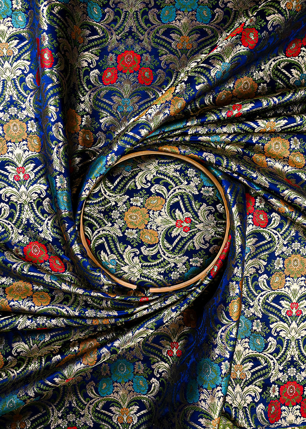 Navy Blue Pure Banarasi Brocade Fabric With All Over Thread And Zari Handloom 25880