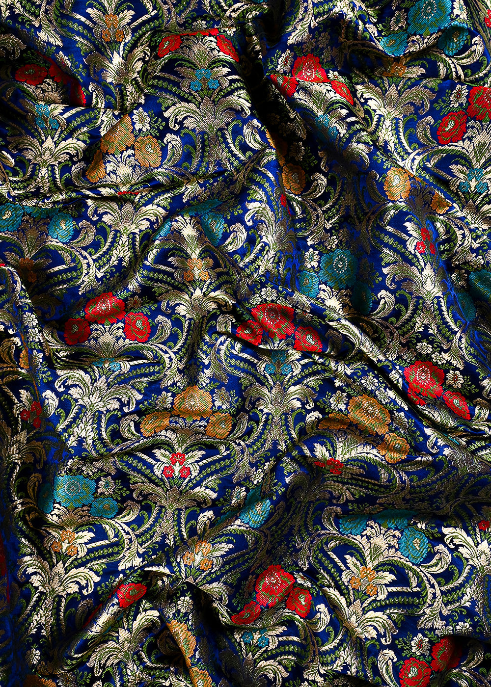 Navy Blue Pure Banarasi Brocade Fabric With All Over Thread And Zari Handloom 25880
