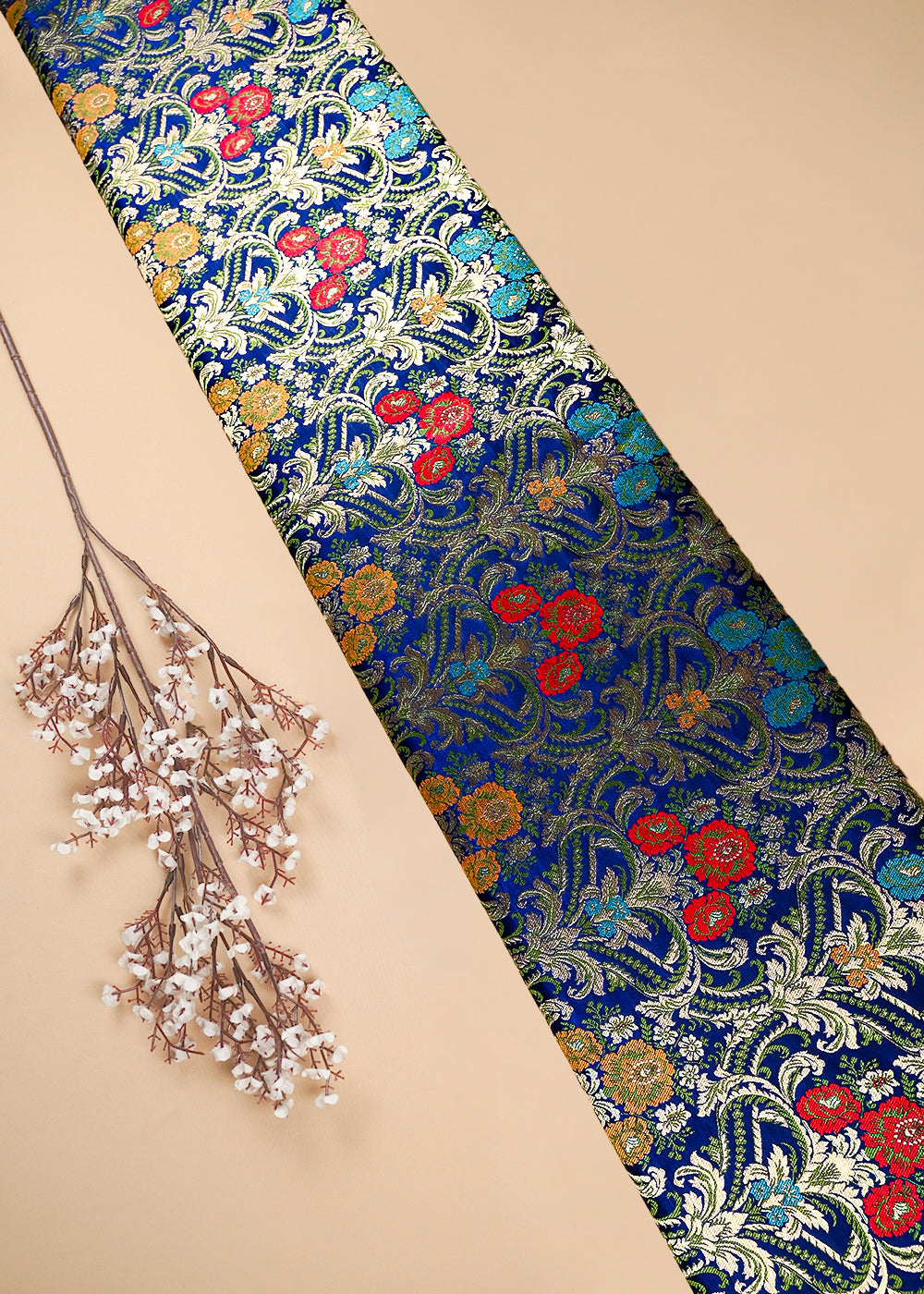 Navy Blue Pure Banarasi Brocade Fabric With All Over Thread And Zari Handloom 25880
