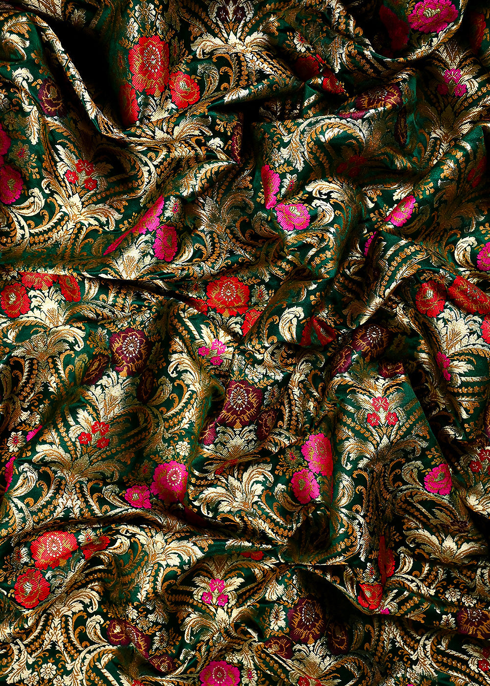 Bottle Green Pure Banarasi Brocade Fabric With All Over Thread And Zari Handloom 25881