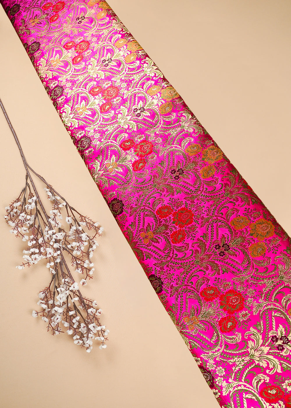 Pink Pure Banarasi Brocade Fabric With All Over Thread And Zari Handloom 25882
