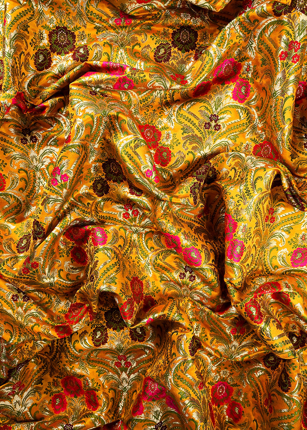 Yellow Pure Banarasi Brocade Fabric With All Over Thread And Zari Handloom 25884