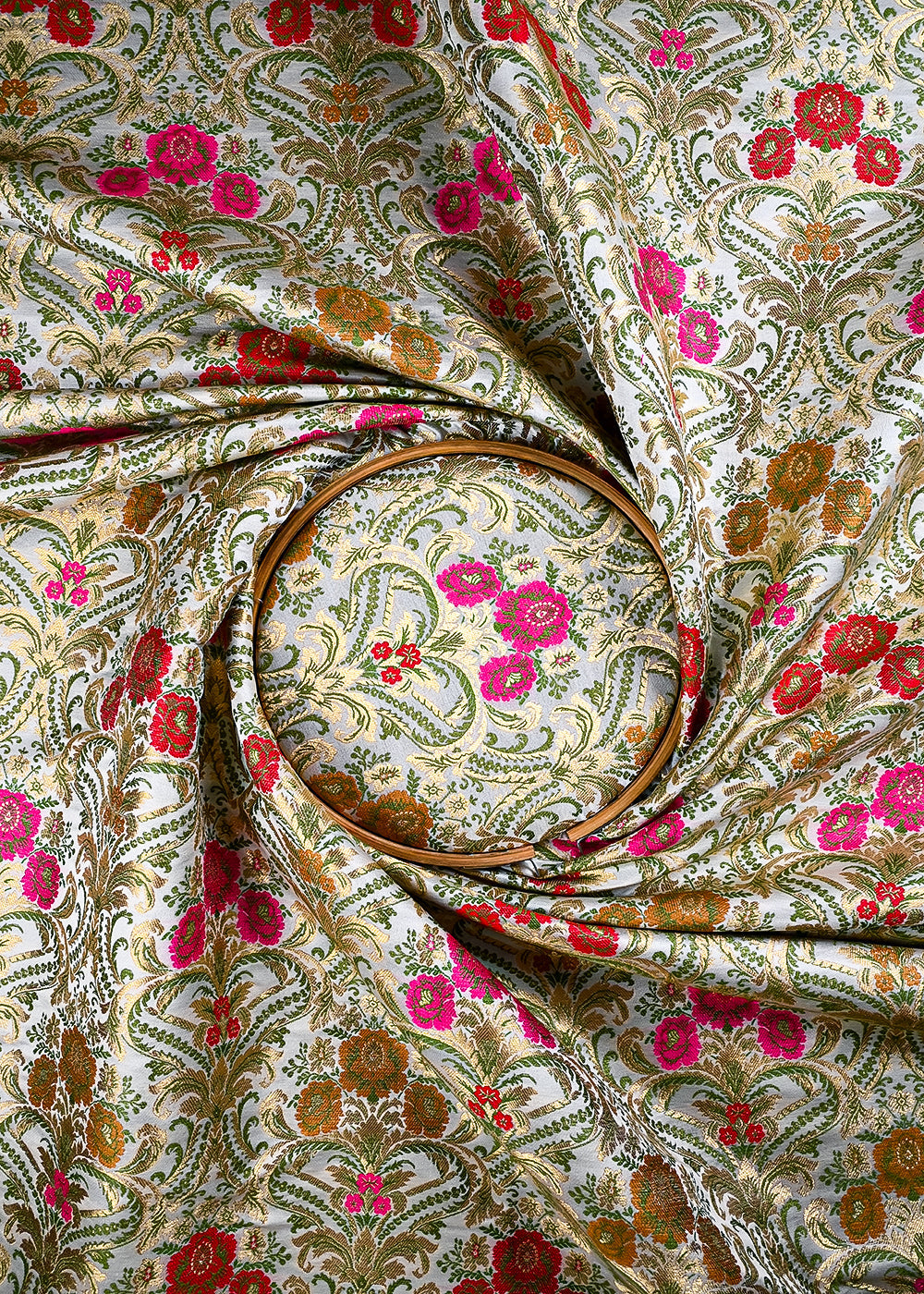 Cream Pure Banarasi Brocade Fabric With All Over Thread And Zari Handloom 25885