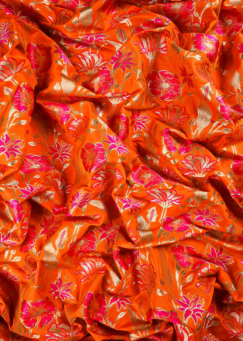 Orange Banarasi Brocade Fabric With All Over Thread And Zari Handloom 25888