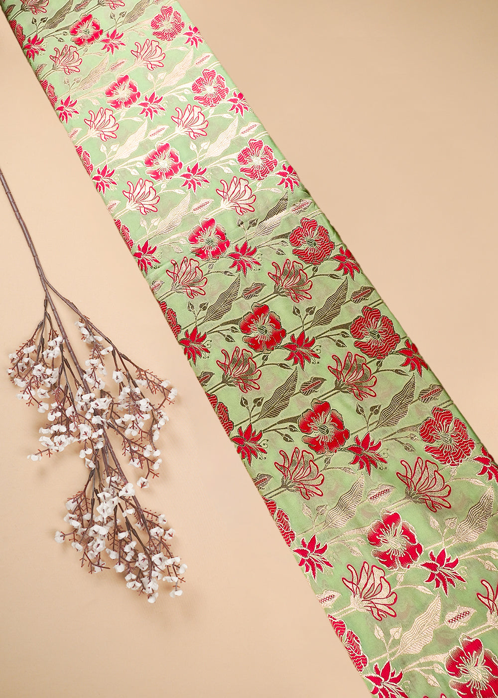 Pista Green Banarasi Brocade Fabric With All Over Thread And Zari Handloom 25889