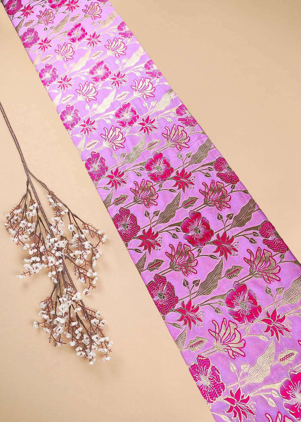 Pink Banarasi Brocade Fabric With All Over Thread And Zari Handloom 25891