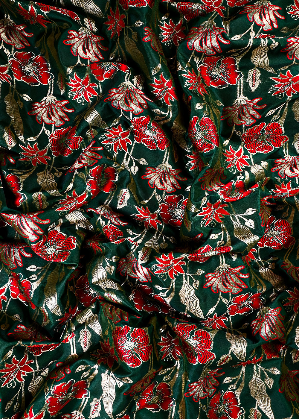Bottle Green Banarasi Brocade Fabric With All Over Thread And Zari Handloom 25892