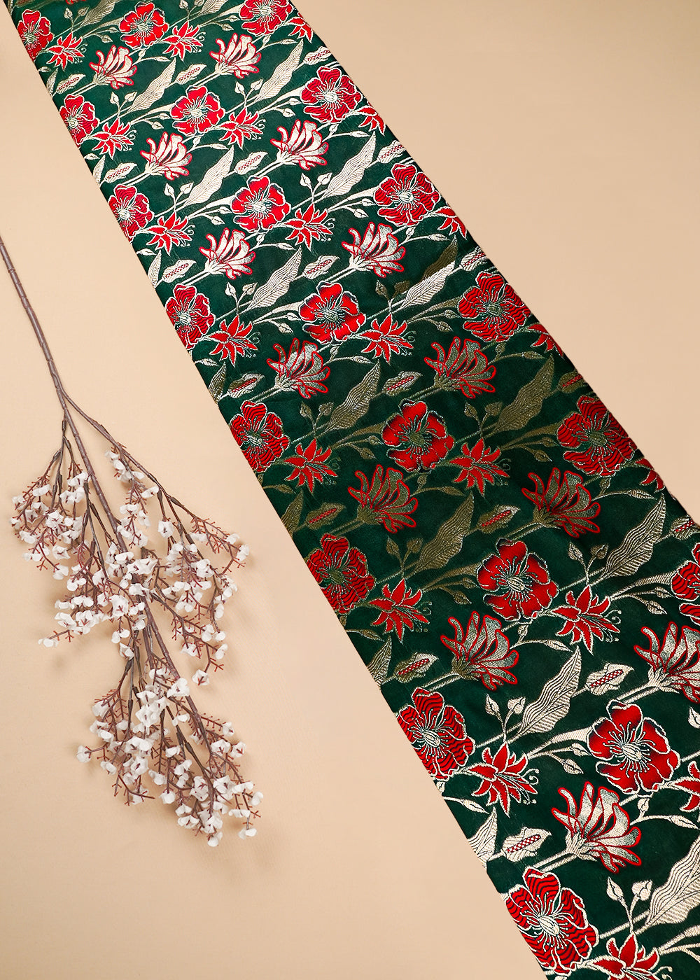 Bottle Green Banarasi Brocade Fabric With All Over Thread And Zari Handloom 25892