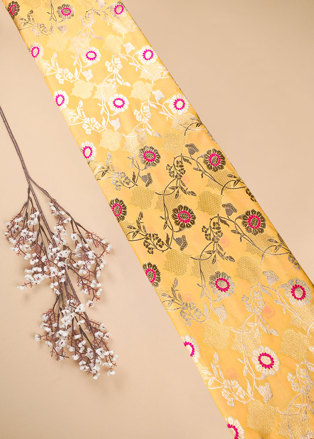 Pastel Yellow Banarasi Brocade Fabric With All Over Thread And Zari Handloom 25894