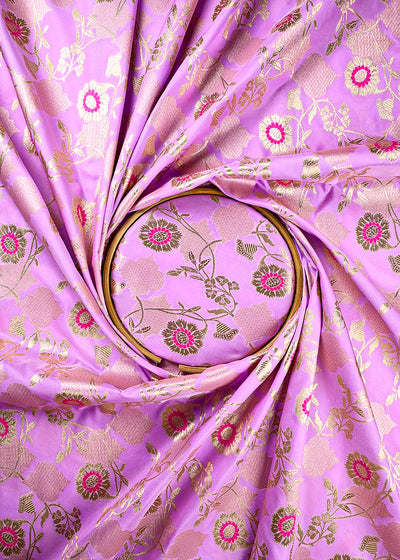 Light Lavender Banarasi Brocade Fabric With All Over Thread And Zari Handloom 25896