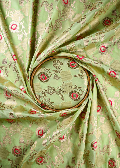 Pista Green Banarasi Brocade Fabric With All Over Thread And Zari Handloom 25897