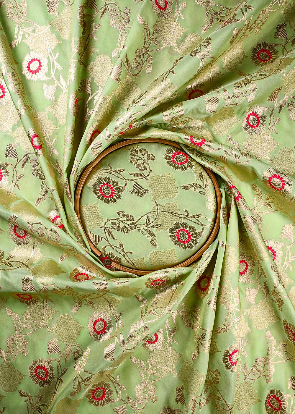 Pista Green Banarasi Brocade Fabric With All Over Thread And Zari Handloom 25897
