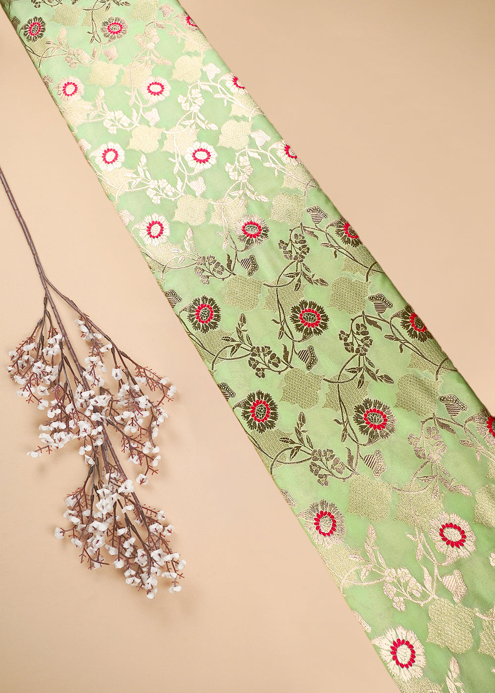 Pista Green Banarasi Brocade Fabric With All Over Thread And Zari Handloom 25897