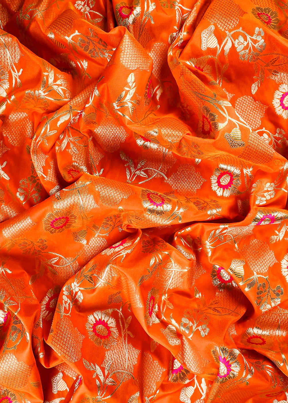 Orange Banarasi Brocade Fabric With All Over Thread And Zari Handloom 25898
