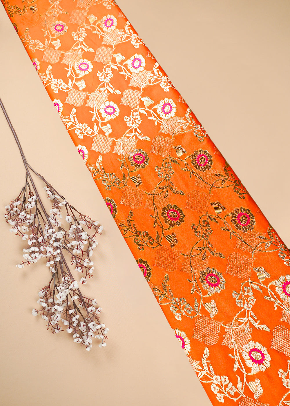 Orange Banarasi Brocade Fabric With All Over Thread And Zari Handloom 25898