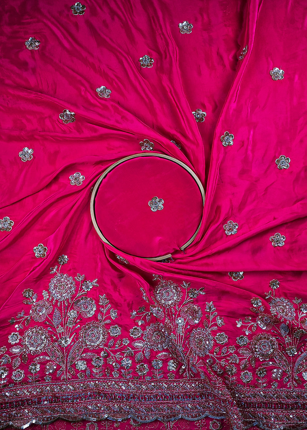 Pink Crepe Fabric With All Over Zari, Sequins And Katdana Work With One Side Border 25899