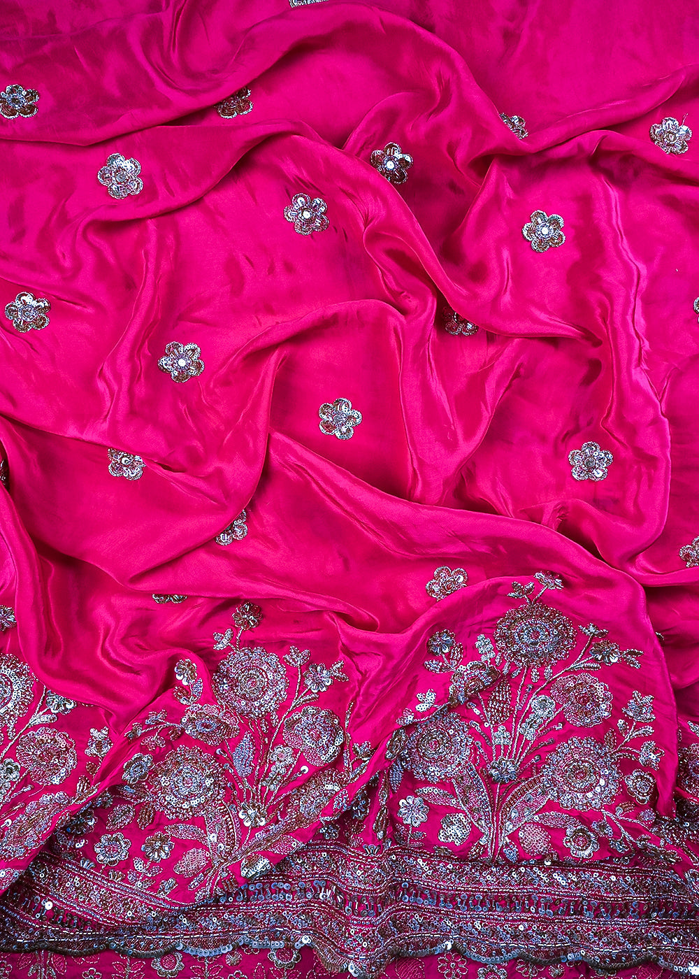 Pink Crepe Fabric With All Over Zari, Sequins And Katdana Work With One Side Border 25899