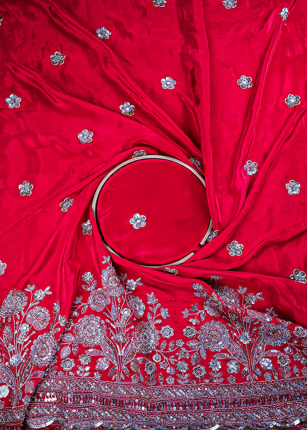 Red Crepe Fabric With All Over Zari, Sequins And Katdana Work With One Side Border 25901