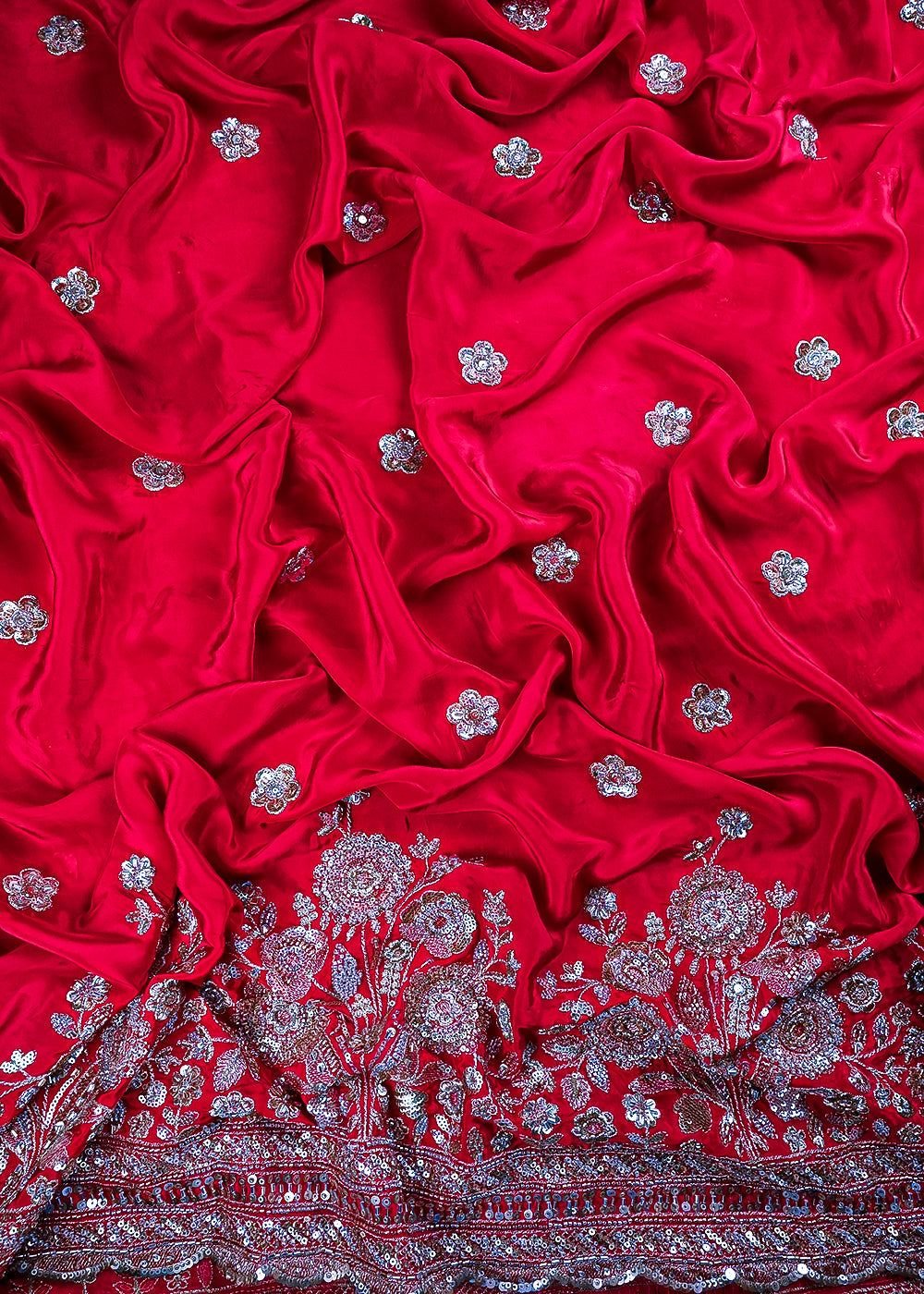 Red Crepe Fabric With All Over Zari, Sequins And Katdana Work With One Side Border 25901