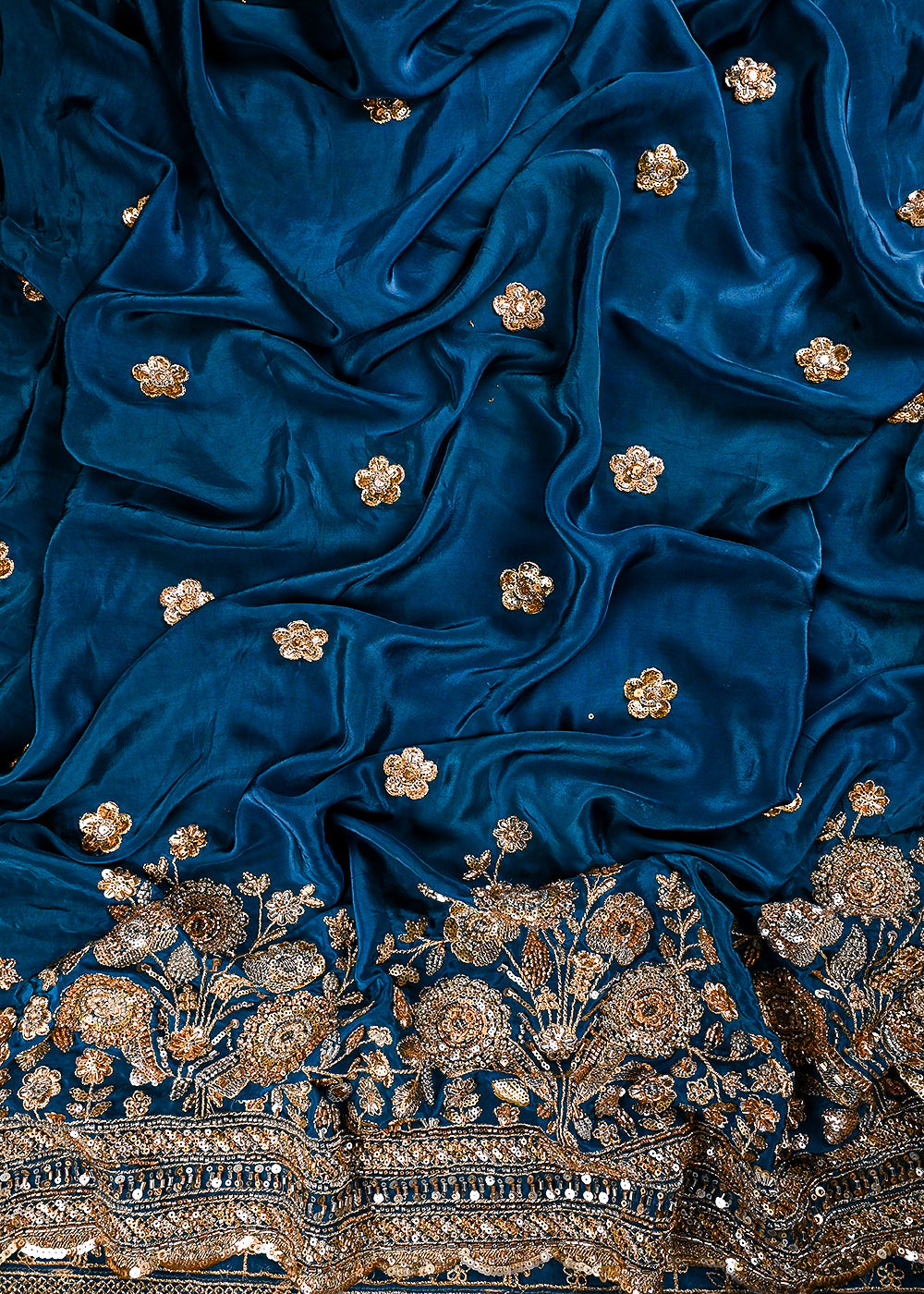 Blue Crepe Fabric With All Over Zari, Sequins And Katdana Work With One Side Border 25902