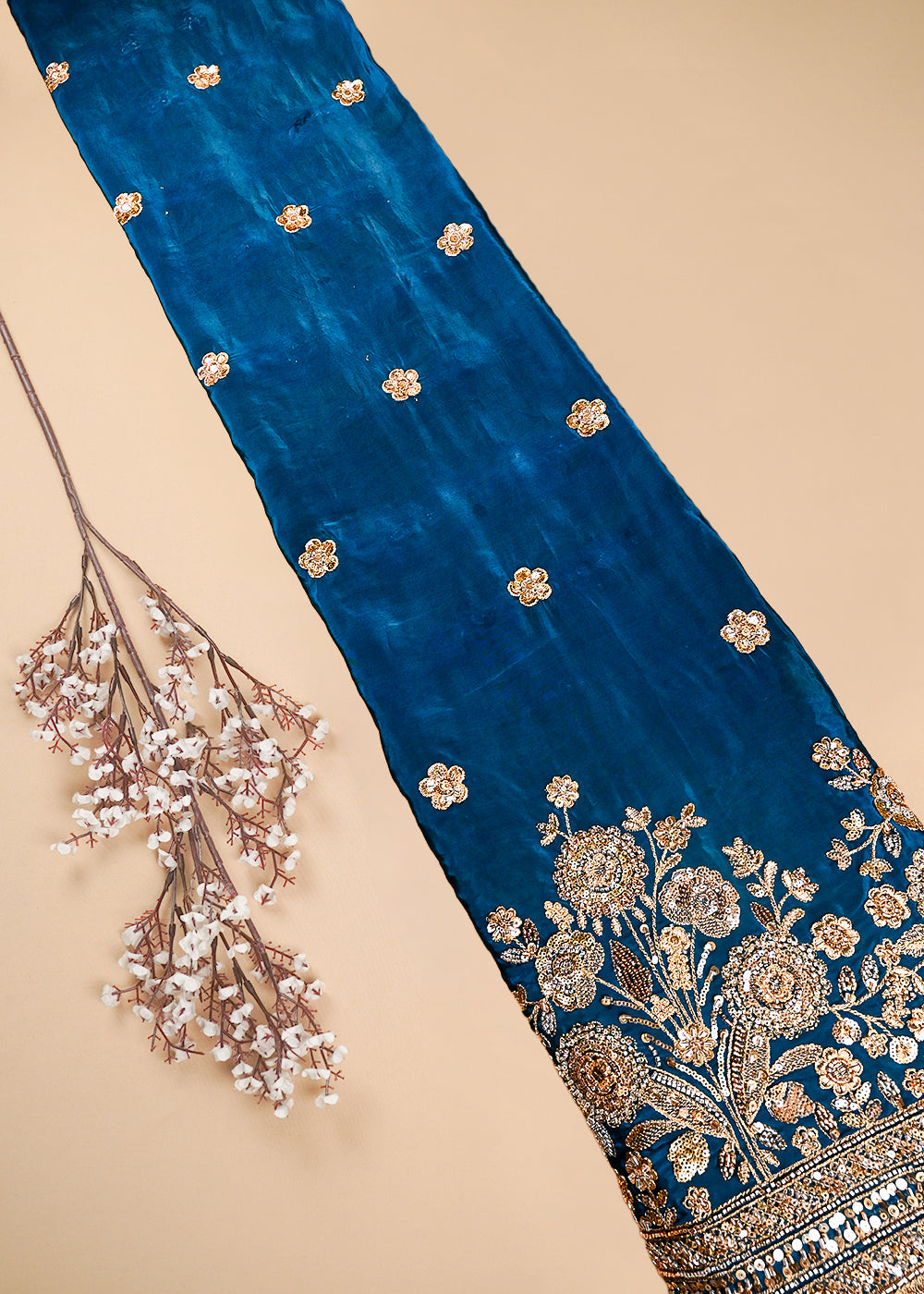 Blue Crepe Fabric With All Over Zari, Sequins And Katdana Work With One Side Border 25902