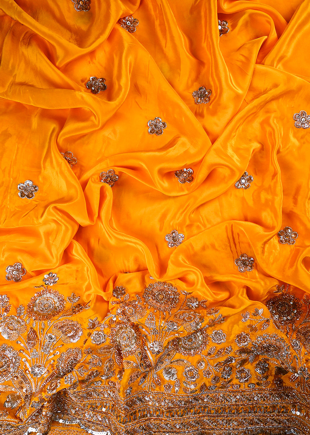 Mustard Crepe Fabric With All Over Zari, Sequins And Katdana Work With One Side Border 25904