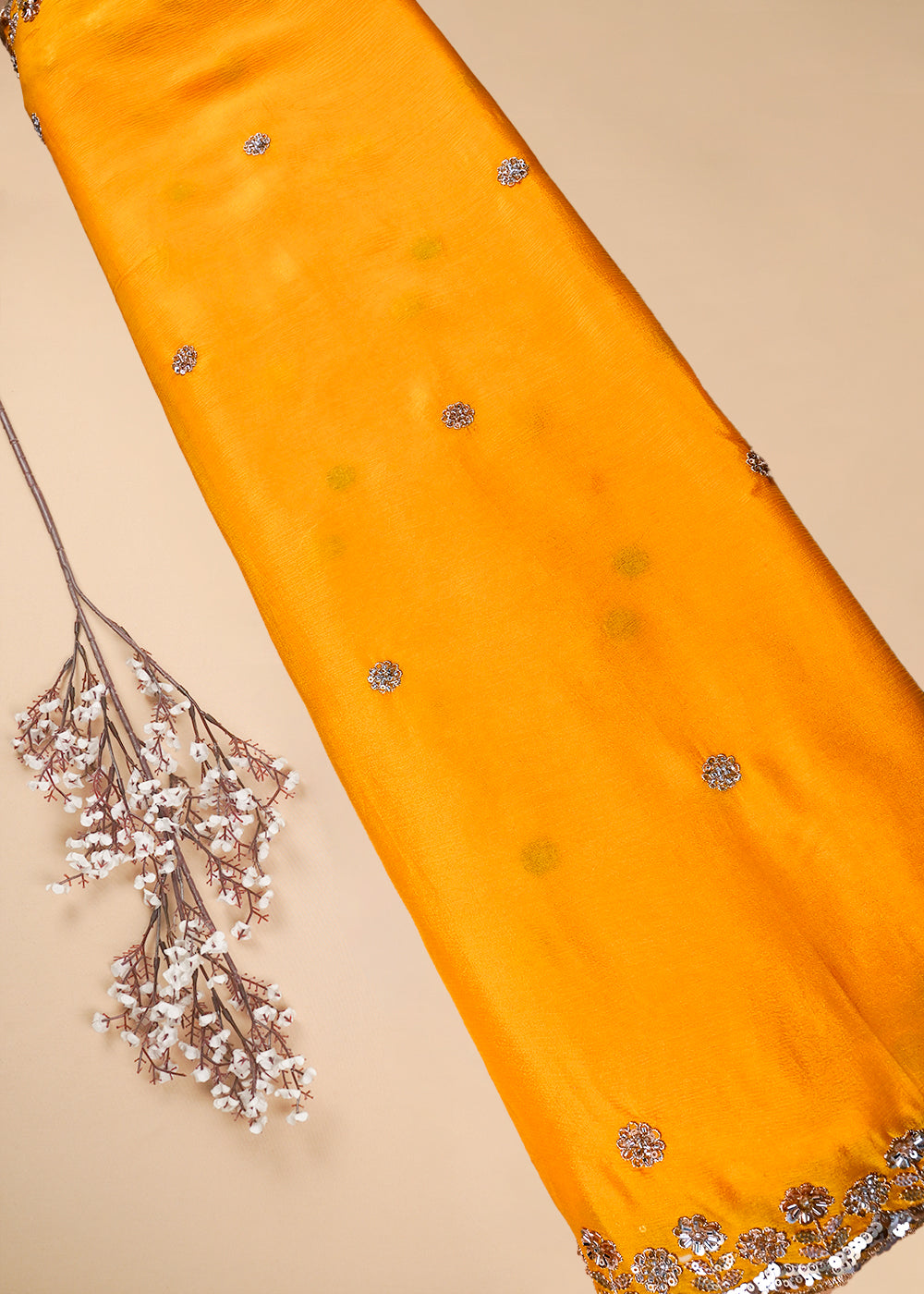 Mustard Chinon Chiffon Dupatta Fabric With All Over Zari, Sequins And Katdana Work With Both Side Border 25905